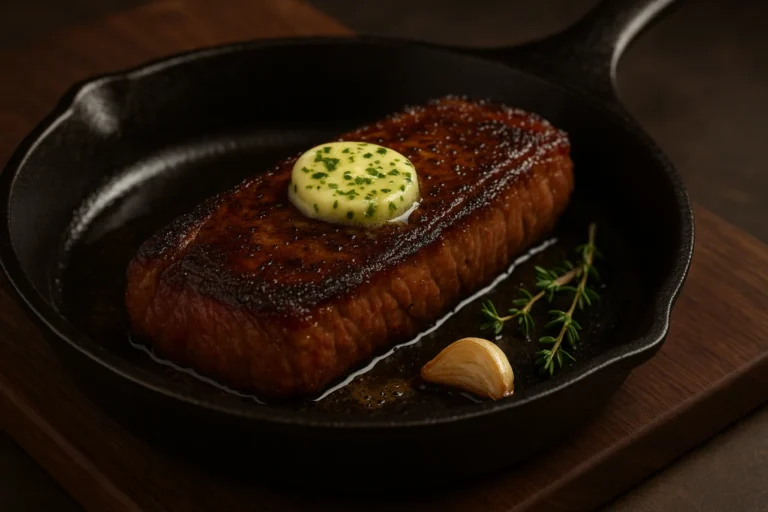 New York strip with melting herb butter on a cutting board, seared in cast iron.