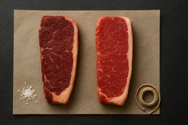 “Side-by-side raw New York strip steaks showing dry-aged (deeper, drier edges) versus wet-aged (brighter, glossier) appearance.