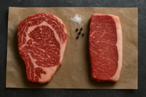 Raw ribeye with heavy marbling beside a leaner New York strip on butcher paper, illustrating differences in intramuscular fat.