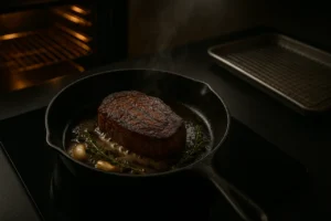 Cast-iron skillet searing a steak in brown butter with garlic and herbs, oven glowing in the background to show pan-sear then oven-finish.