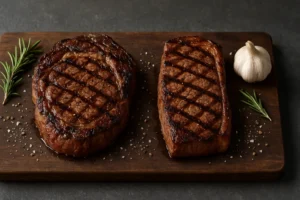 Medium-rare ribeye and New York strip steaks side-by-side on a rustic board, showing marbling and fat cap differences.