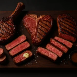 Assortment of classic steakhouse cuts—porterhouse, ribeye, strip, filet, and a tomahawk—cooked medium-rare with a deep sear on a dark board.