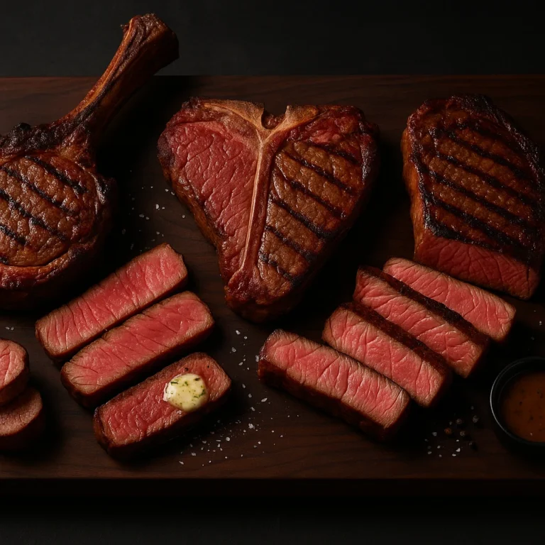 Assortment of classic steakhouse cuts—porterhouse, ribeye, strip, filet, and a tomahawk—cooked medium-rare with a deep sear on a dark board.