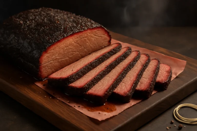 Texas-style smoked brisket sliced on pink butcher paper with mahogany bark and a visible smoke ring.