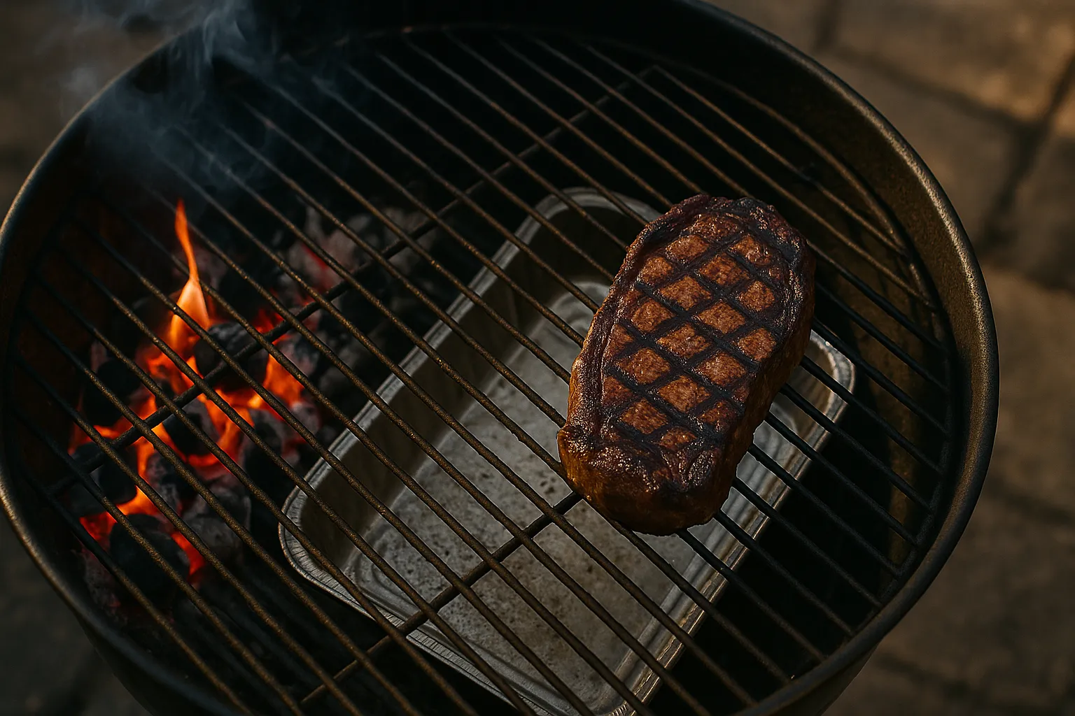 Two-zone charcoal grill with glowing coals on the left and a drip-pan indirect zone on the right, a steak resting on the cool side.